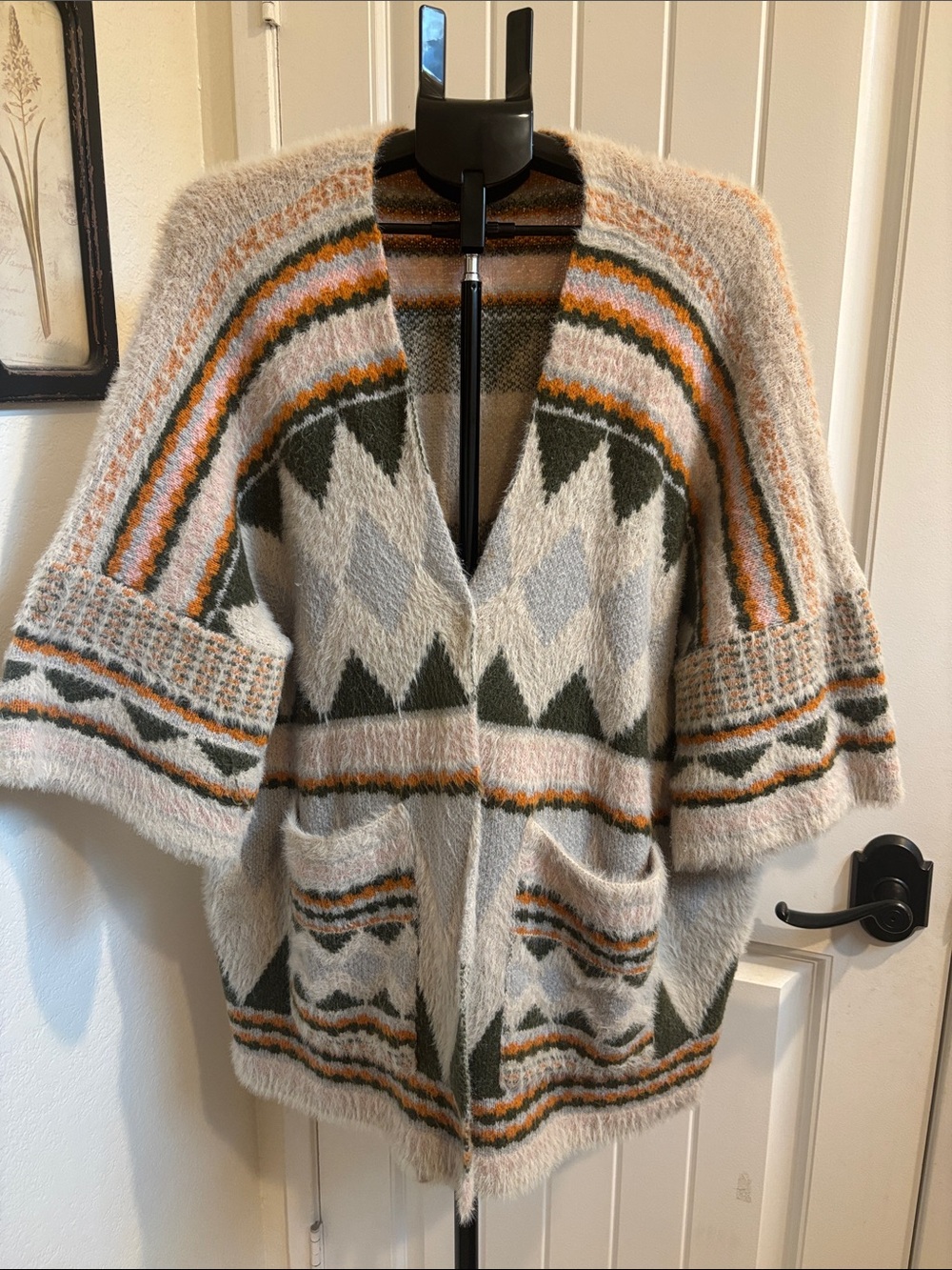 Geometric Open-Front Poncho Sweater in Cream, Olive & Rust